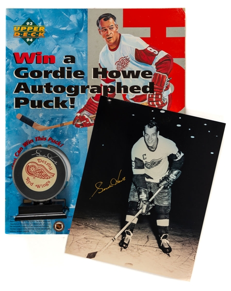 Gordie Howe Signed Detroit Red Wings Puck from 1994 Upper Deck Contest Including Store Display Plus Signed Photo