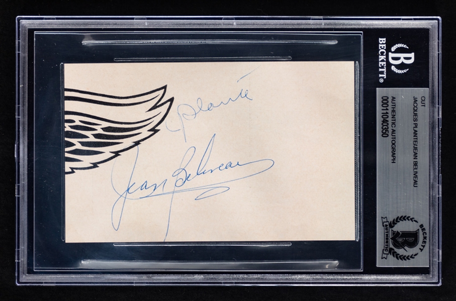 Deceased HOFers Jacques Plante & Jean Beliveau Signed Cut - Beckett Certified