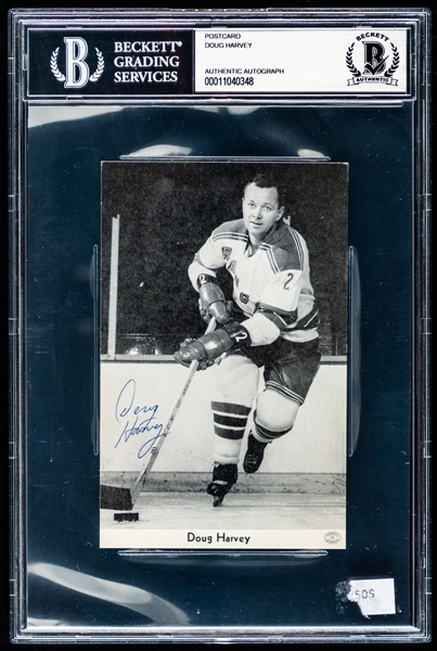 Deceased HOFer Doug Harvey Signed New York Rangers Postcard - Beckett Certified