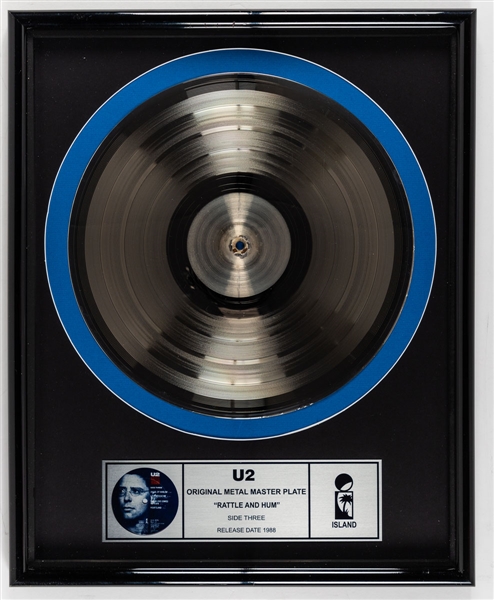 Rock Band U2 RIAA Multi-Platinum Award for 1991 Album "Achtung Baby" and "Rattle and Hum" Silver Metal Master Plate Side Three Framed Display