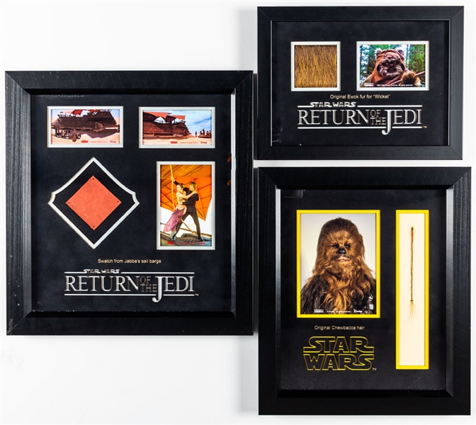 Star Wars "Wicket" Original Ewok Fur, "Chewbacca" Original Hair and "Jabbas Salil Barge" Swatch Framed Displays from Prop Store LA