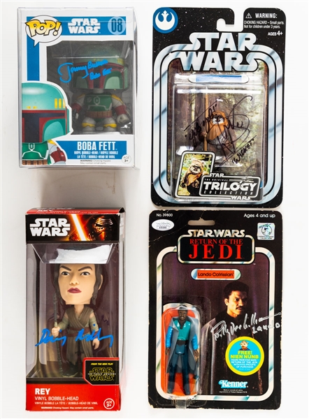 Star Wars Autographed Figurines (4 Pieces) Including Warwick Davis (Wickett), Billy Dee Williams (Lando Calrissian), Jimmy Bulloch (Boba Fett) and Daisy Ridley (Rey) - All JSA or Beckett COAs 