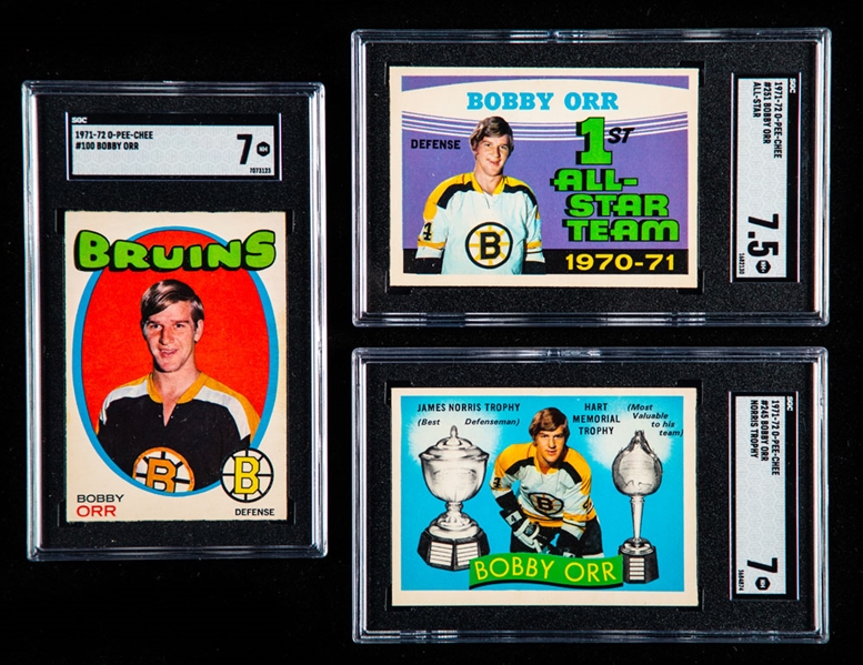 1971-72 O-Pee-Chee Hockey Cards of HOFer Bobby Orr (3) Including #100 (SGC 7), #245 (SGC 7) and #251 (SGC 7.5)