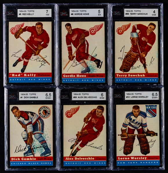 1954-55 Topps Hockey Complete 60-Card Set with 29 KSA-Graded Cards Including #8 HOFer Gordie Howe (KSA 5) and #58 HOFer Terry Sawchuk (KSA 4)