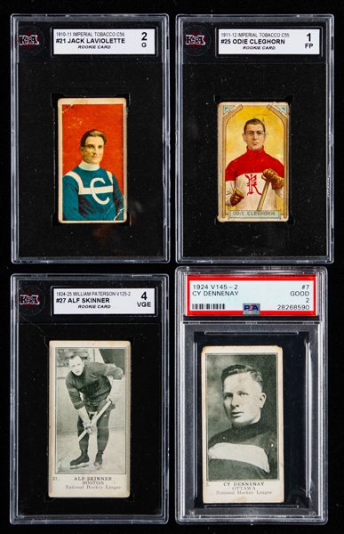 Pre-War Hockey Card Collection (4 Cards) Including 1910-11 #21 Jack Laviolette Rookie, 1911-12 #25 Odie Cleghorn Rookie and 1924-25 William Patterson V145-2 #7 Cy Denneny 