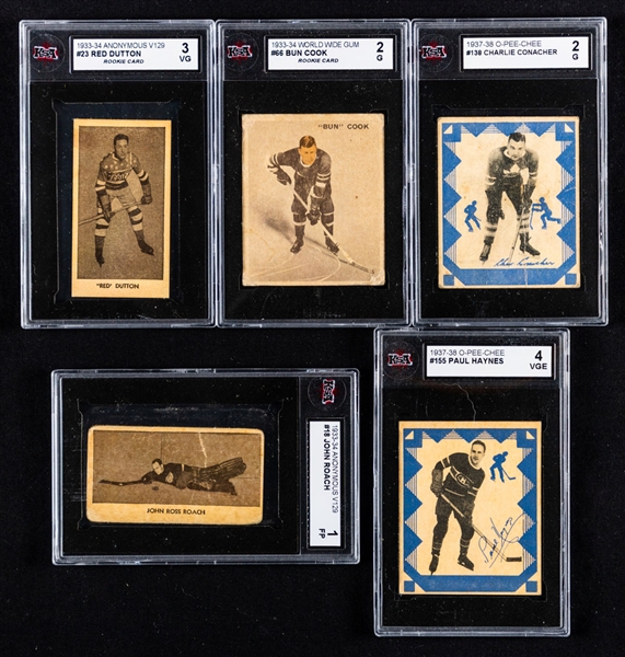 Pre-War Hockey Cards (10) Including 1933-34 Anonymous V129 #23 Red Dutton RC, 1933-34 WWG #66 Bun Cook RC and 1937-38 OPC V304 Series "E" (7 cards - Incl. #138 Charlie Conacher) - All KSA-Graded