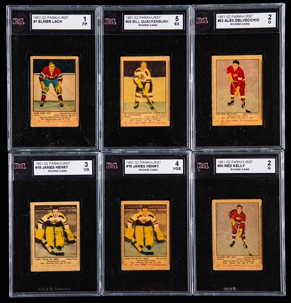 1951-52 Parkhurst Hockey Cards (10) Including #1 Elmer Lach, #19 Jim Henry Rookie (2), #26 Bill Quackenbush Rookie, #55 Red Kelly Rookie and #63 Alex Delvecchio Rookie - All KSA-Graded