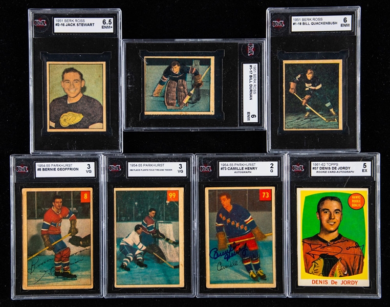 1951 to 1964 Parkhurst, Berk Ross & Topps Hockey Cards (13) Including 1951-52 Berk Ross #1-17 Durnan, 1954-55 Parkhurst #8 Geoffrion and 1961-62 Topps #37 DeJordy Signed Rookie Card - All KSA-Graded