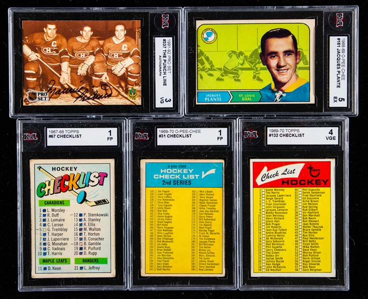 1960s to 1990s Hockey Cards (9) Including Signed 1991-92 Pro Set Punch Line Card by Maurice Richard, 1968-69 OPC #181 Jacques Plante and Various Checklists (5) - All KSA Graded