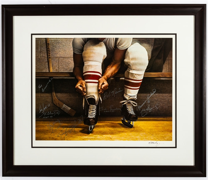 Ken Danby 1973 Framed Print "Laces Up" Signed by 9 Including Deceased HOFers Maurice Richard, Henri Richard and Ted Lindsay (28" x 33")