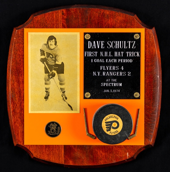 Dave Schultzs January 3rd 1974 Philadelphia Flyers First Career NHL Hat Trick Award Plaque with His Signed LOA