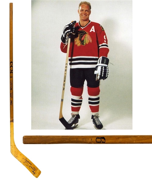 Bobby Hulls Late-1960s Chicago Black Hawks Signed CCM Custom Pro "Banana Hook" Game-Issued Stick