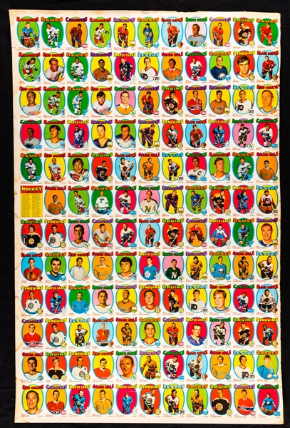 1971-72 O-Pee-Chee Hockey 132-Card Uncut Sheet (Blank Back) Including Ken Dryden Rookie Card, Orr, Hull, Esposito, Clarke, Perreault and More (28" x 43")