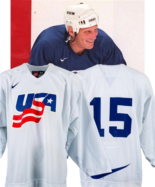 Brett Hulls 1996 World Cup of Hockey Team USA Practice-Worn Jersey from His Personal Collection with His Signed LOA