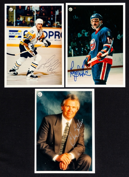 Mario Lemieux, Bryan Trottier and Glen Sather Signed Hockey Hall of Fame Induction Photos