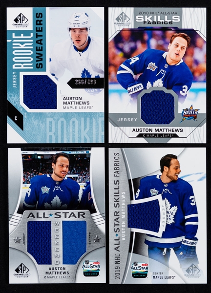 Auston Matthews 2016-17 to 2019-20 Hockey Card Collection (15) Including Upper Deck 2016-17 SP Game Used #RS-AM Rookie Sweaters (266/499) Plus 2017-18 UD Series One Hockey Sealed Tin (12 Packs)
