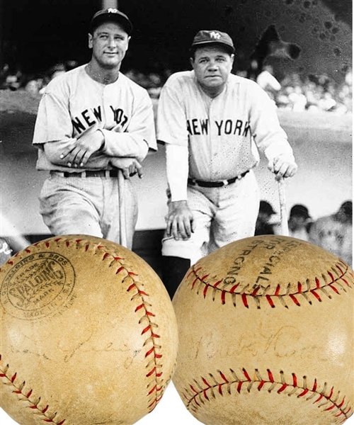 Babe Ruth and Lou Gehrig Dual-Signed Spalding Official League Special Baseball with Negro League Owner Nat Strong Stamping - JSA LOA