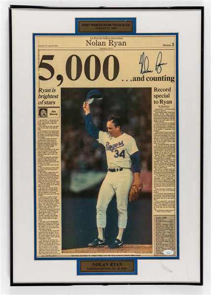 Nolan Ryan Signed August 23rd 1989 "5,000 Career Strikeout" Forth Worth Star-Telegram Newspaper Framed Display - JSA Certified