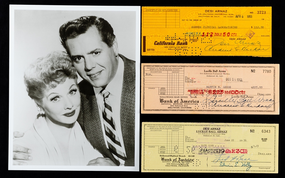 I Love Lucy American Television Sitcom Signed Checks of Lucille Ball (Lucy Ricardo), Desi Arnaz (Ricky Ricardo) and Fred Ball (American Movie Studio Executive) - All JSA Certified
