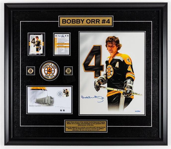 Bobby Orr Signed Boston Bruins Framed Photos Including Two Versions of "The Goal"