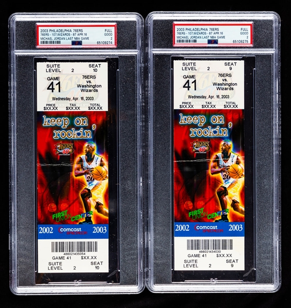 Michael Jordan April 16th 2003 Final NBA Career Game PSA-Graded Full Tickets (2 - each PSA 2) Plus Game Programs (3) and Promo Poster
