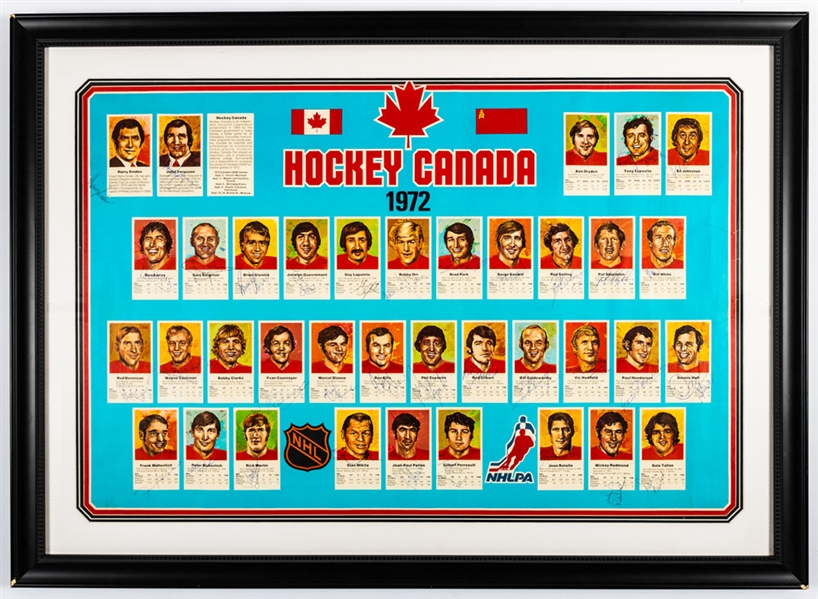 Team Canada 1972 Canada-Russia Series Team-Signed Poster by 37 Including Dryden, Orr, Henderson and Others (31" x 43") Plus 1972-73 O-Pee-Chee Hockey Team Canada 28-Card Set with LOA 