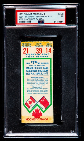 1972 Canada-Russia Series Game 4 Ticket Stub from Vancouver Coliseum - Graded PSA 1