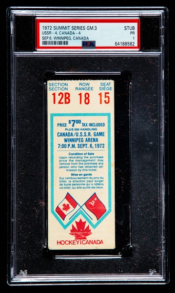 1972 Canada-Russia Series Game 3 Ticket Stub from Winnipeg Arena - Graded PSA 1