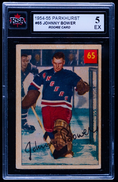 1954-55 Parkhurst Hockey Card #65 HOFer Johnny Bower Rookie - Graded KSA 5