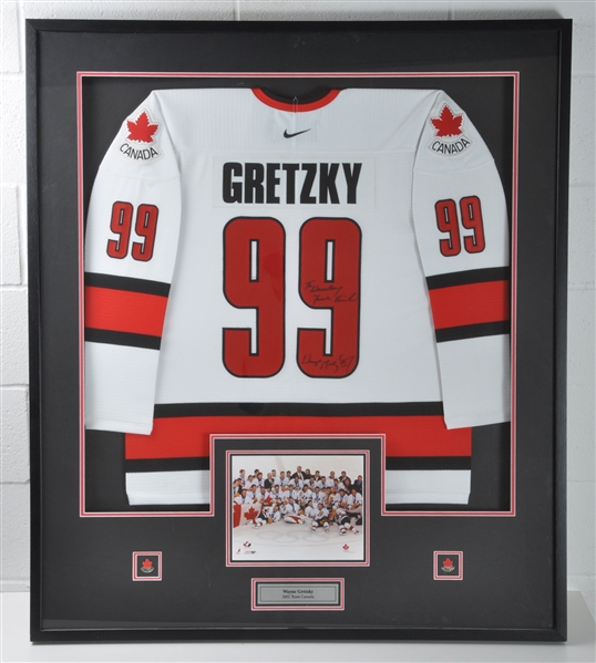 Wayne Gretzky, Mario Lemieux & Joe Sakic Individually Framed Signed 2002 Team Canada Jersey Collection of 3