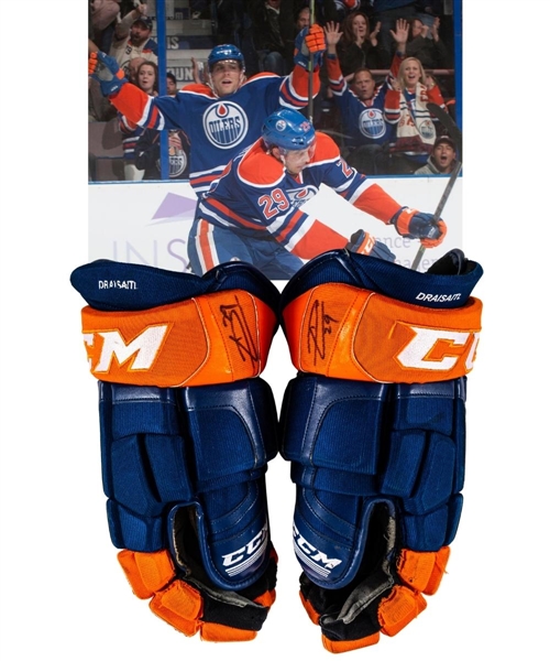 Leon Draisaitl’s 2014-15 Edmonton Oilers Signed CCM Pro Game-Used Rookie Season Gloves with LOA – Worn While Scoring First NHL Goal!