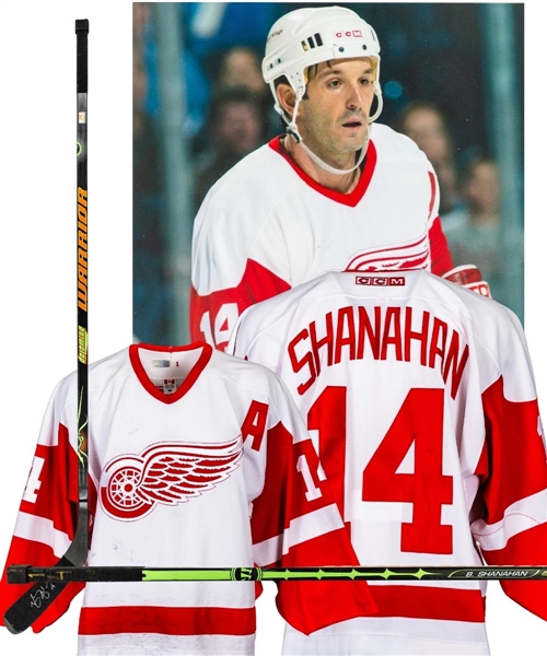 Brendan Shanahans 2003-04 Detroit Red Wings Game-Worn Alternate Captains Photo-Matched Jersey Plus Signed Warrior Game-Used Stick