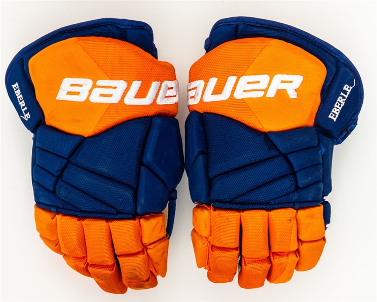 Jordan Eberle’s 2012-13 Edmonton Oilers Signed Bauer Vapor Game-Used Gloves with Team LOA Plus Eberle and Taylor Hall Signed Framed Photo Display (25” x 32”)