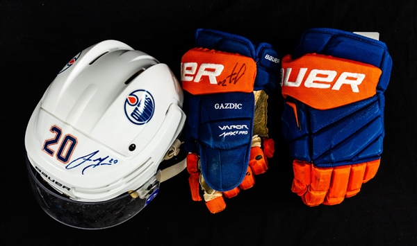 Luke Gazdic’s 2013-14 Edmonton Oilers Signed Game-Worn Bauer Helmet Plus Gazdic’s 2014-15 Signed Game-Used Bauer Gloves with Team LOA