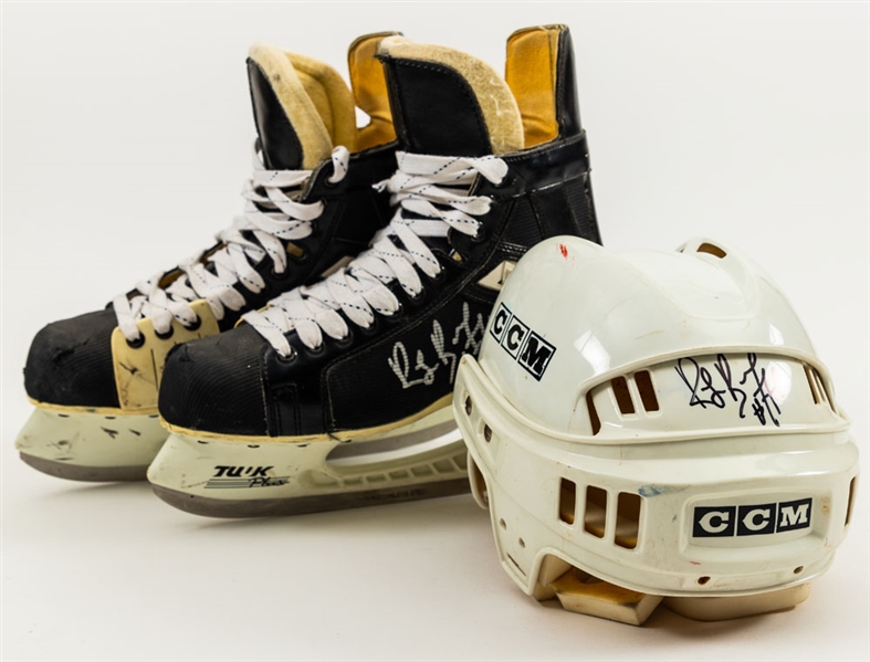 Ray Bourques 1996-97 Boston Bruins Signed Bauer (Mega) Game-Used Skates Plus 1980s Signed CCM Game-Worn Helmet 