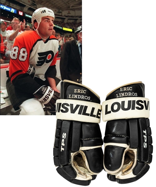 Eric Lindros 1992-93 Philadelphia Flyers Louisville Game-Used Rookie Season Gloves - 1st NHL Game/1st NHL Goal! - Photo-Matched!