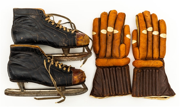 Vintage 1920s Abercrombie & Fitch “Long-Finger” Hockey Gloves and 1930s Daoust Super Skates 