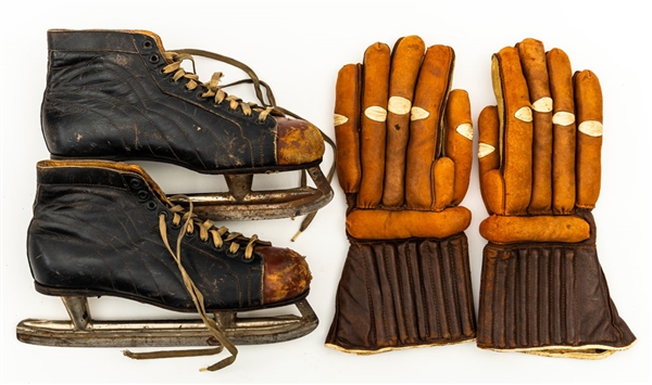 Vintage 1920s Abercrombie & Fitch “Long-Finger” Hockey Gloves and 1930s Daoust Super Skates 