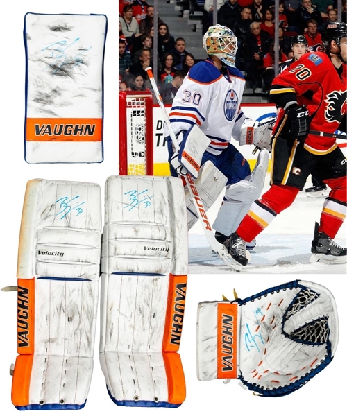 Ben Scrivens 2014-15 Edmonton Oilers Signed Vaughn Game-Used Blocker, Glove and Pads with LOA - Photo-Matched! 