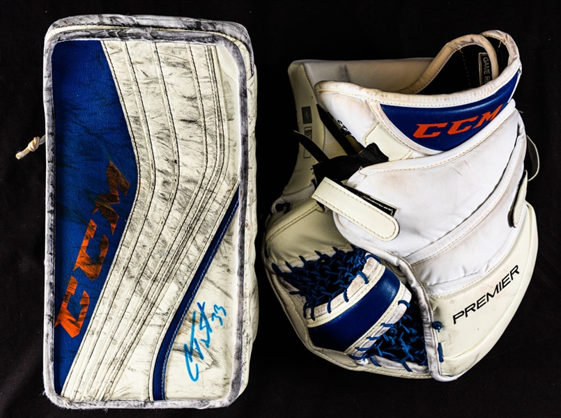 Cam Talbots 2016-17 Edmonton Oilers Signed CCM Premier Game-Used Blocker and Glove with LOA - Photo-Matched to 2016 Heritage Classic!