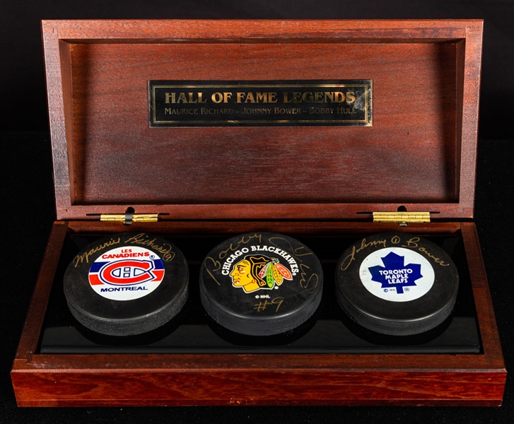 Bobby Hull and Deceased HOFers Maurice "Rocket" Richard and Johnny Bower Signed Boxed Puck Set with LOA 