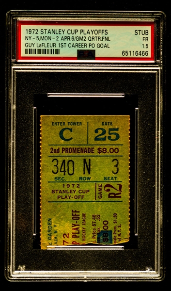 April 6th 1972 Stanley Cup Playoffs Ticket Stub - New York Rangers vs Montreal Canadiens - Guy Lafleur 1st Career Playoff Goal - Graded PSA 1.5 (Highest Graded)