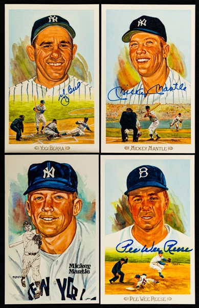 Perez-Steele Signed Baseball Postcards (8) Including Mantle, Berra, Reese and Banks Plus Satchell Paige Signed Cut with JSA Auction LOA Plus Unsigned Examples (15) 