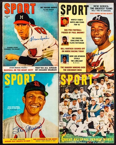 1940s to 1960s Sport Magazines (24 Inc. 11 Mantle Covers) with Signed Examples (9) Including Musial (4), Aaron, DiMaggio/Boudreau/Musial, Spahn and Others with JSA Auction LOA