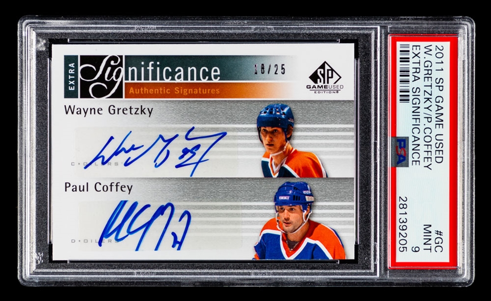 2011-12 Upper Deck SP Game Used Extra Significance Dual-Signed Hockey Card #XSIG-GC Wayne Gretzky and Paul Coffey (18/25) - Graded PSA 9 - Pop-2 Highest Graded!
