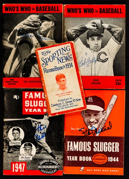 JSA 1930s to 1950s Whos Who in Baseball, Famous Slugger Yearbook, Baseball Almanach and Sporting News Record Book (10) Inc. 9 Signed Examples Inc. Musial, Feller and Others with JSA Auction LOA