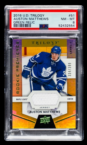 2016-17 Upper Deck Trilogy Rookie Premieres Green Relic Level 1 Hockey Card #51 Auston Matthews Rookie (334/399) - Graded PSA 8