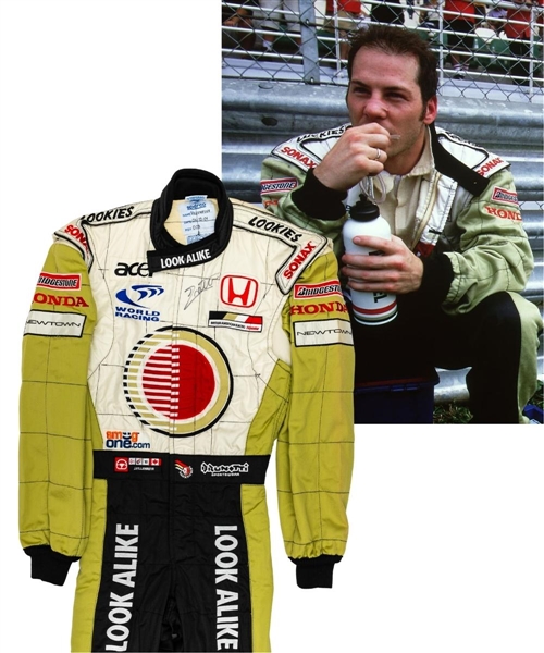 Jacques Villeneuves 2002 Lucky Strike BAR Honda F1 Team Signed Race-Worn Suit (Look Alike Sponsorship) with His Signed LOA