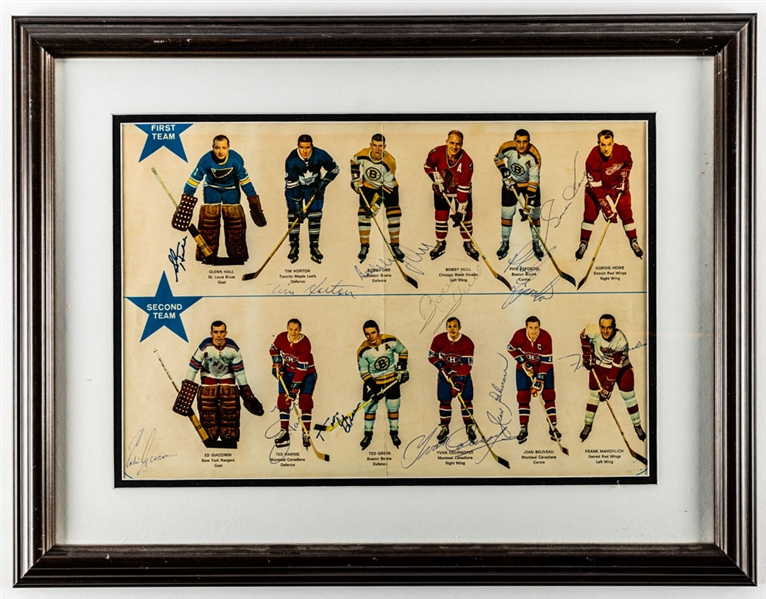 1968-69 NHL All-Stars Framed Calendar Page Signed by all 10 including Horton, Howe, Orr and Beliveau with LOA (17” x 22”)