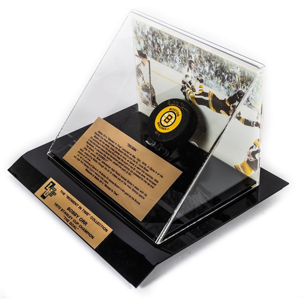 Bobby Orr "The Goal" Signed Puck Display Plus Signed Boston Bruins Victoriaville Replica Stick